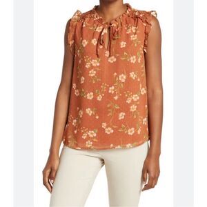 NWT Gibsonlook Women’s Woven Blouse Top Floral Split Neck Tie Burnt Orange S